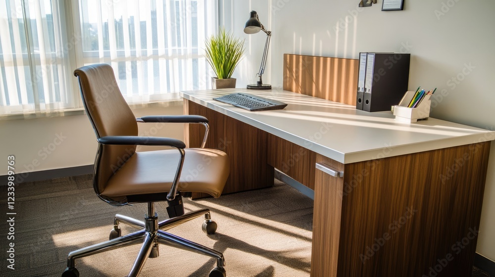 A spacious, organized office with a desk, files, and a chair, offering space for content on productivity and office organization. A spacious, organized office with a desk, files, and a chair, offering space for content on productivity and office organization.