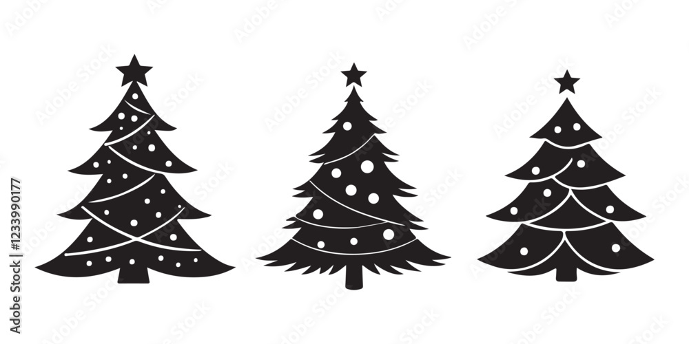 Obraz premium Christmas tree silhouette set with decorations isolated on white background perfect for holiday vector design