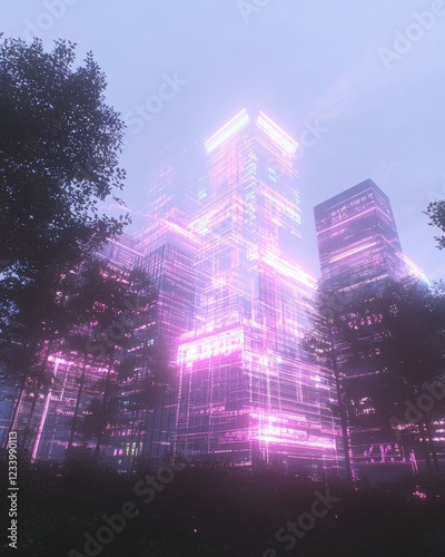 Illuminating financial data over a futuristic urban skyline city center digital art nighttime aesthetic concept photo