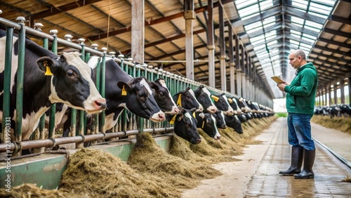 Several cows in individual stalls inside a barn, eating hay, highlighting livestock management on a dairy farm.
