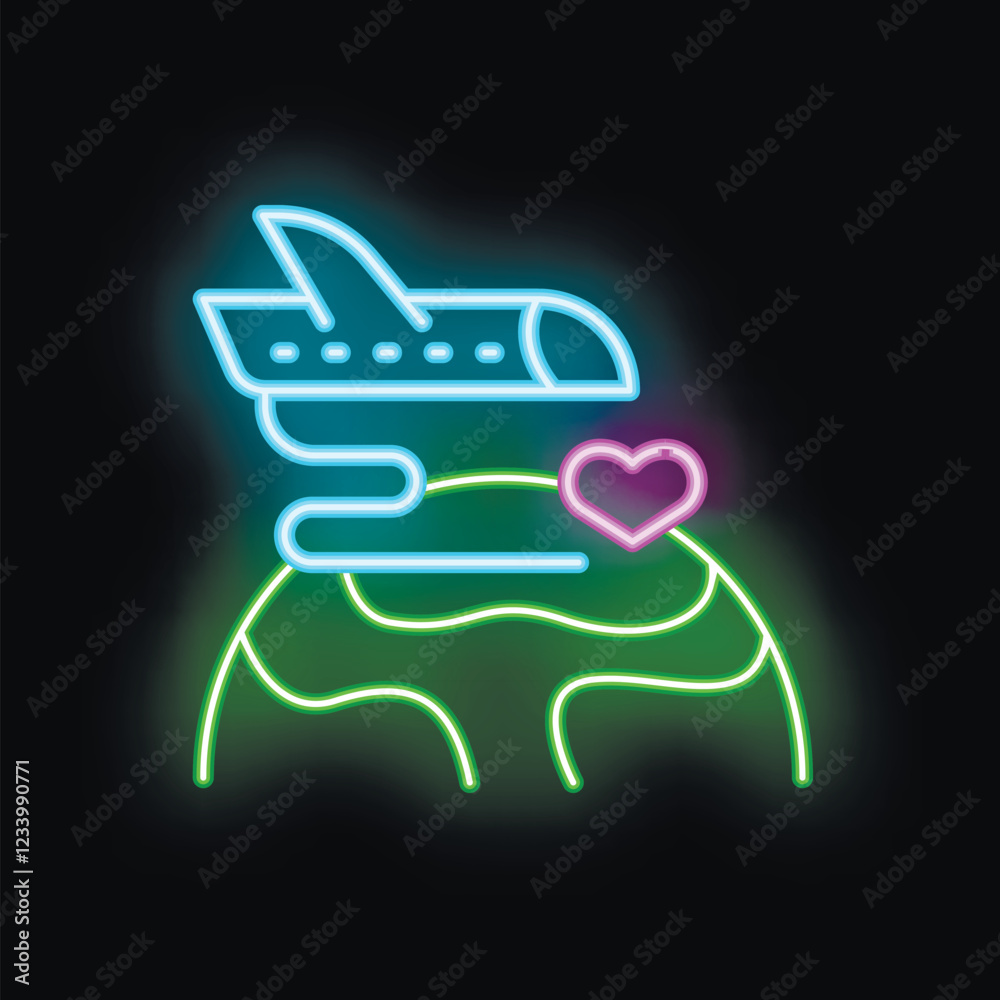 Neon sign illustrating the concept of traveling around the world with a passion Neon sign illustrating the concept of traveling around the world with a passion