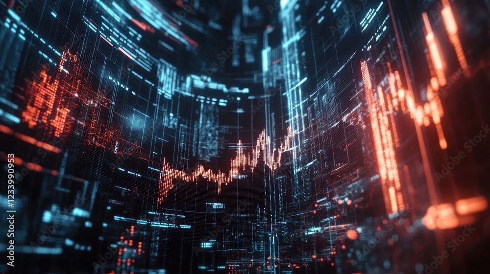 Obraz premium A transparent stock trading AI interface with futuristic data visualization, digital investment theme, copy space.