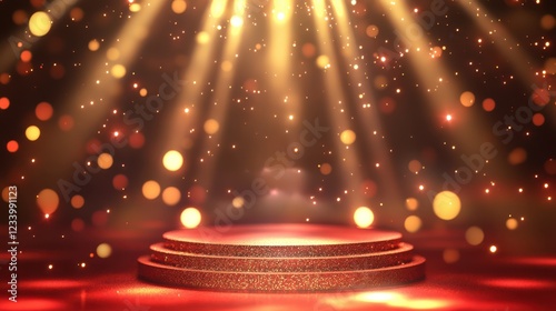 A vibrant concert hall scene with a golden-red stage base illuminated by bright spotlight rays. The shimmering background enhances the glamorous atmosphere, perfect for a music award event.
