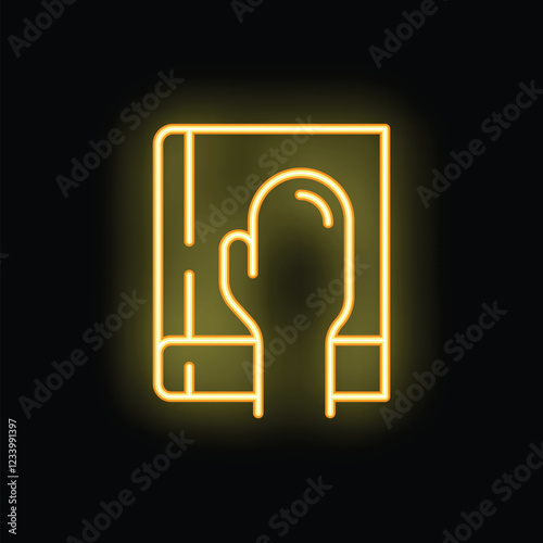 Yellow neon sign of an oven mitten protecting a hand holding a baking sheet on a black background