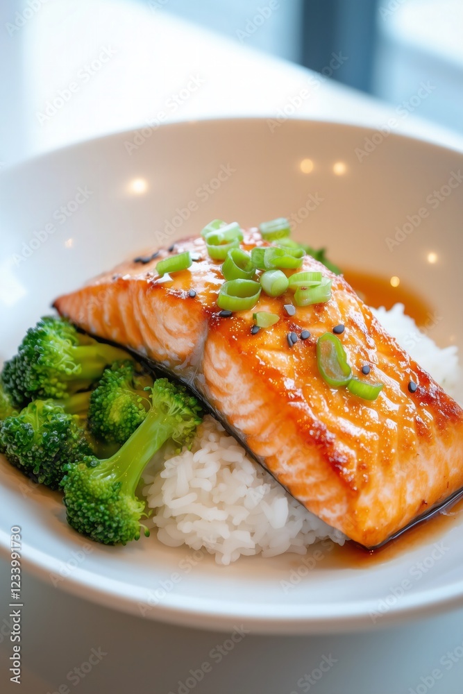 nutritious bowl featuring a glazed salmon fillet over fluffy white rice, paired with roasted broccoli and garnished with sliced green onions, balanced and fresh mood nutritious bowl featuring a glazed salmon fillet over fluffy white rice, paired with roasted broccoli and garnished with sliced green onions, balanced and fresh mood