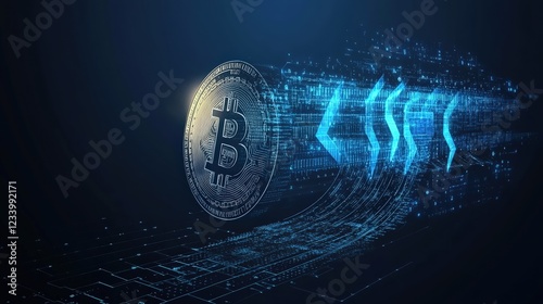 Close up of a physical bitcoin coin placed on a dark surface with a blurred background