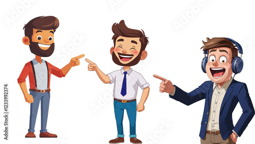 png Joyful Cartoon Characters: Three cheerful cartoon men, each with unique attire and expressions, point playfully at each other, radiating fun and camaraderie.