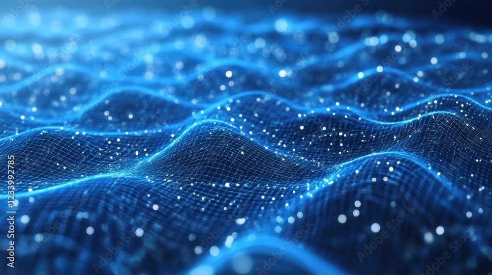 Abstract AI-driven business technology background with a digital network, blue cyber grid, and copy space.
