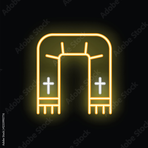 Yellow glowing neon sign representing a priest stole with crosses, a symbol of religious devotion, on a black background