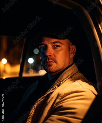Man Sitting in the Car at Night. Generative AI