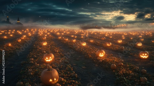 Halloween pumpkin patch at night with fog creeping in, dim lanterns casting shadows, and glowing jack-o'-lanterns scattered across the field. Copy space. photo