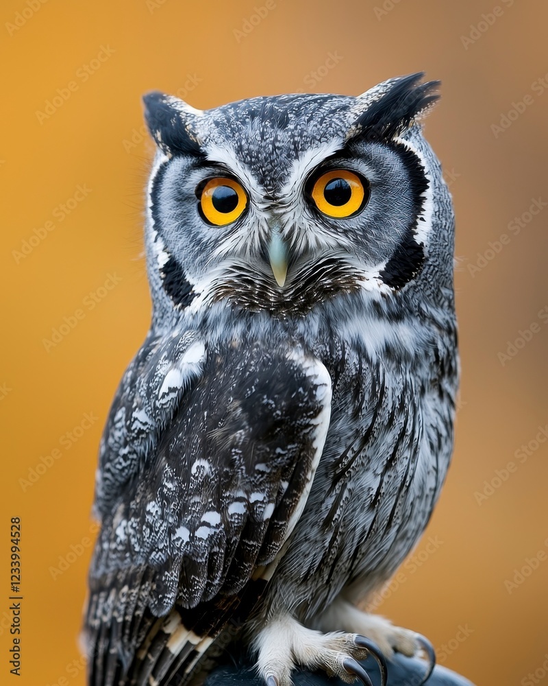 Obraz premium Rescued Owl with Bright Yellow Eyes Close-Up Against a Soft Background