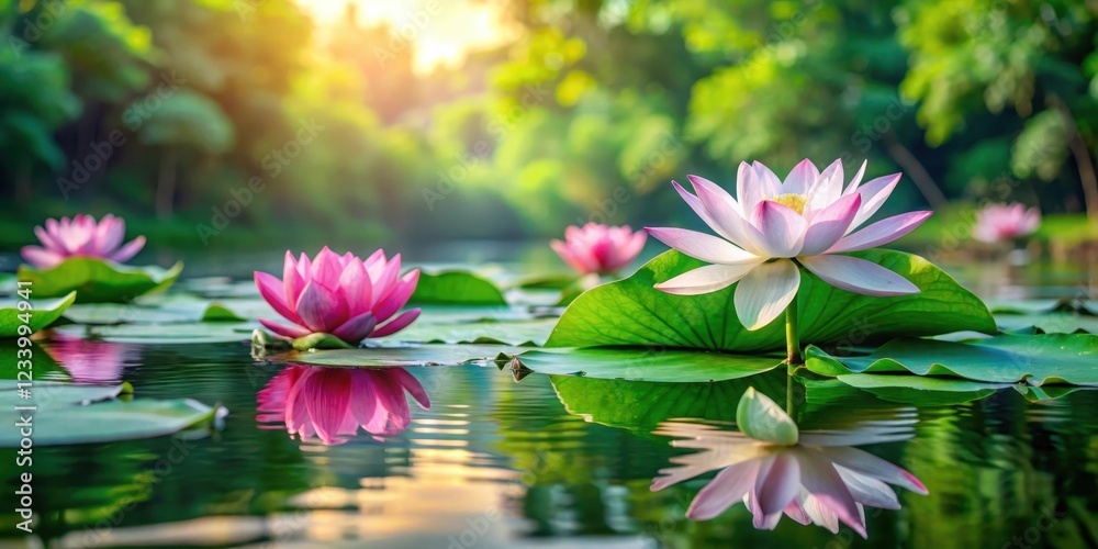 Lotus flowers floating on a serene lake with lush green leaves and vibrant colors , natural setting, peaceful atmosphere Lotus flowers floating on a serene lake with lush green leaves and vibrant colors , natural setting, peaceful atmosphere