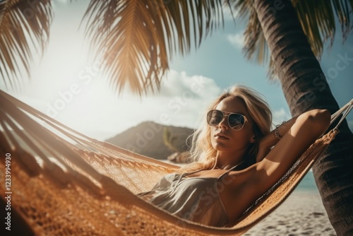 Fototapeta Naklejka Na Ścianę i Meble -  A blonde hair woman sleeping in a hammock under the coconut tree on the beach vacation glasses adult.