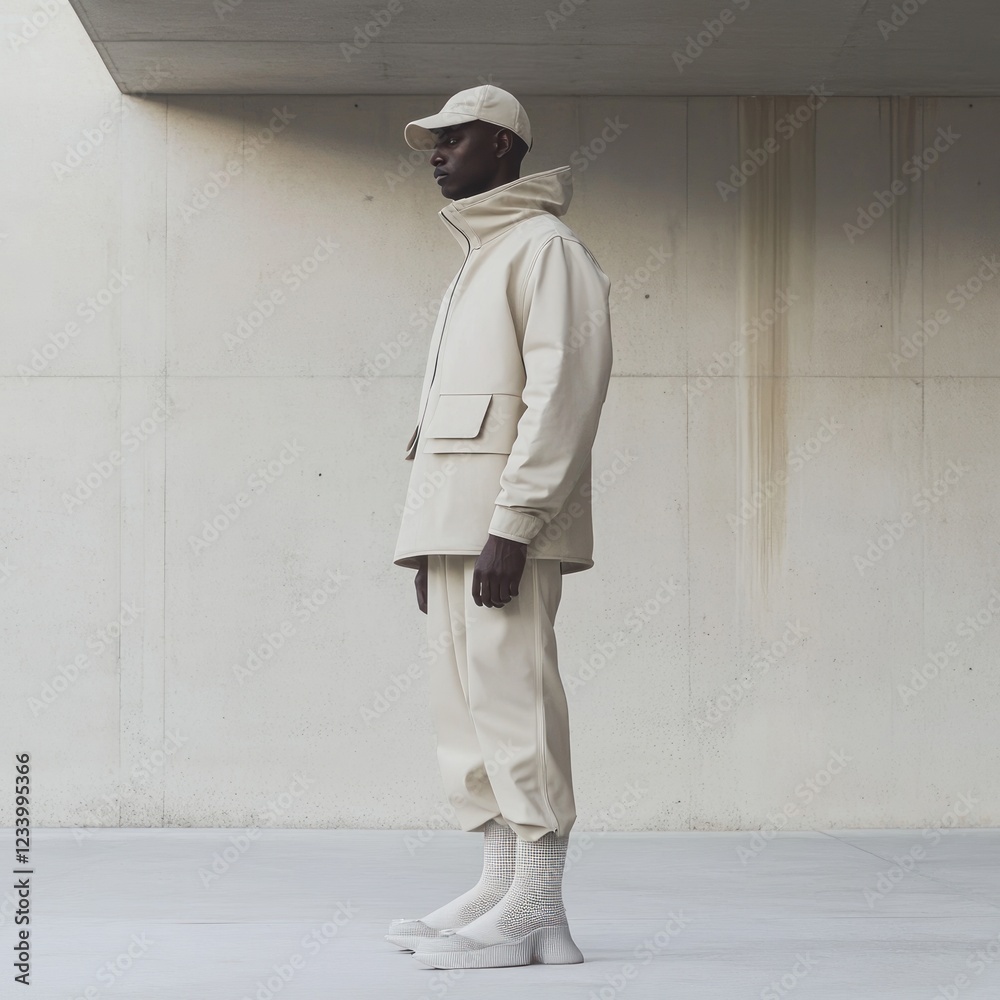 Man in beige outfit, cap, and boots stands against a modern concrete wall. Man in beige outfit, cap, and boots stands against a modern concrete wall.