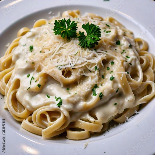 A plate of creamy fettuccine Alfredo topped with grated Parmesan cheese and garnished with fresh parsley 1