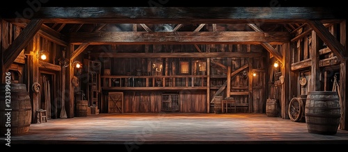 Rustic wooden barn with barrels.