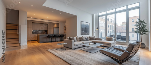Obraz na płótnie A Modern Open-Concept Living Room with Wood Floors w salonie