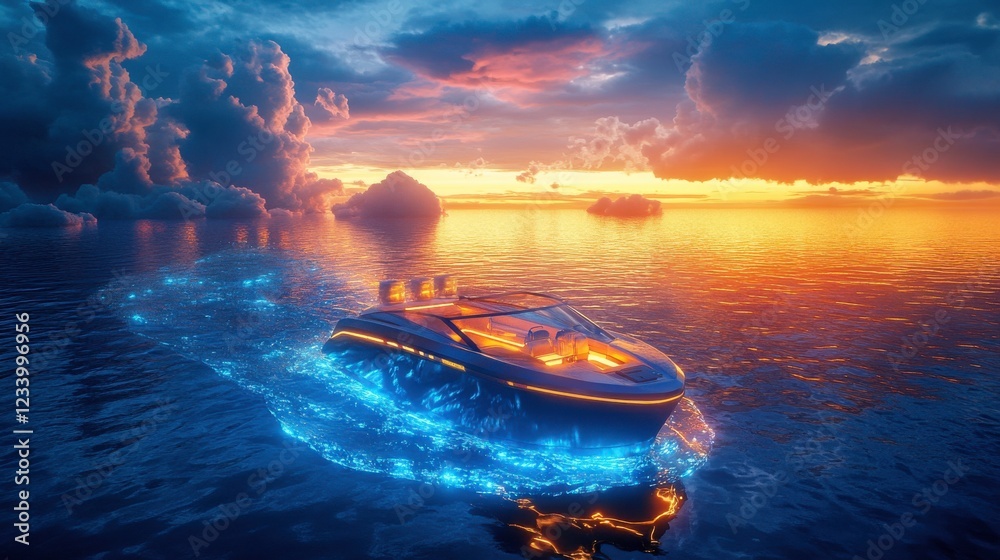 Fototapeta premium A stunning yacht glides through glowing waters at sunset, surrounded by vibrant clouds and a picturesque sky.