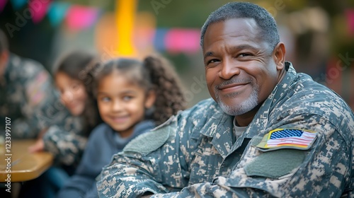 Proud Military Father with Children at Family Gathering Outdoor Portrait