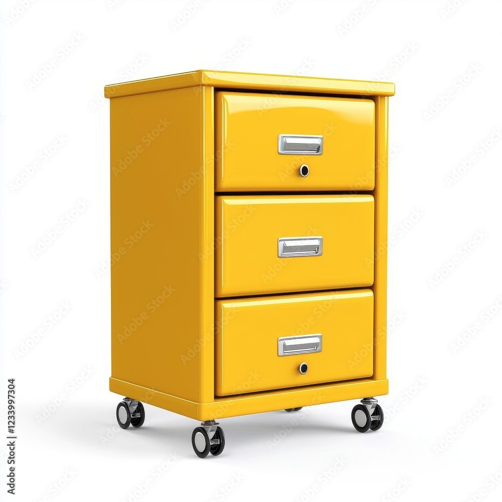 A bright yellow mobile filing cabinet with three drawers, featuring chrome handles and wheels for easy mobility. A bright yellow mobile filing cabinet with three drawers, featuring chrome handles and wheels for easy mobility.