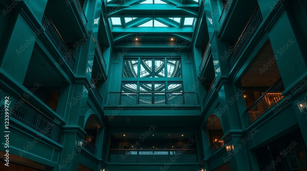 Interior view of a modern building with skylights and teal accents Interior view of a modern building with skylights and teal accents