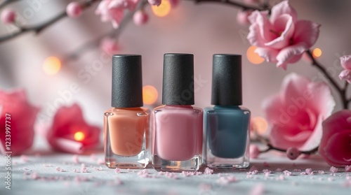 Collection of nail polishes in soft pastel colors with cherry blossoms and lights in the background
