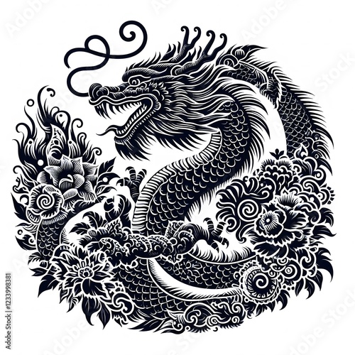 AI Generate of Mythical Dragon Shape Art Silhouette with Natural Element such as Wind, Tree, Water, Animal, Wood, Sun, Moon, isolate in white.