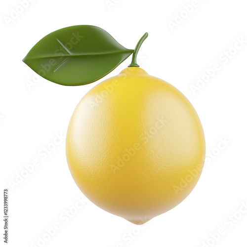 lemon with leaves 3d icon in cartoon plastic style minimal isolated on transparent white background, clipping path