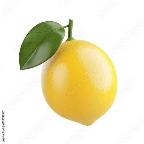 lemon with leaves 3d icon in cartoon plastic style minimal isolated on transparent white background, clipping path