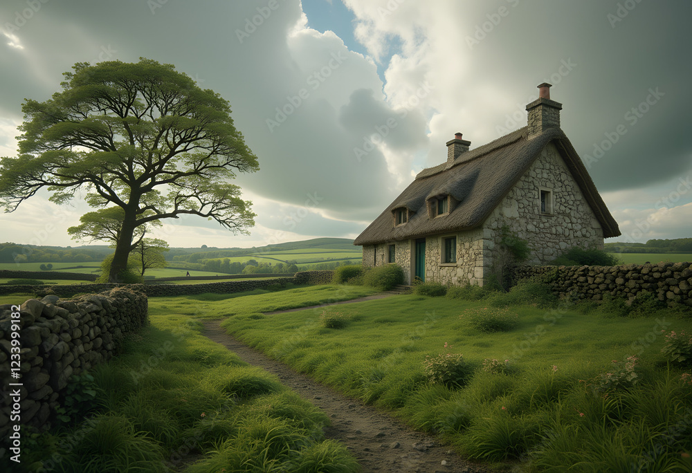 Fototapeta premium Quaint Stone Cottage with Thatched Roof in Serene Rolling Green Irish Countryside Landscape