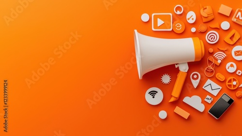 A vibrant orange background features a megaphone surrounded by various digital marketing icons and symbols, representing communication and media.