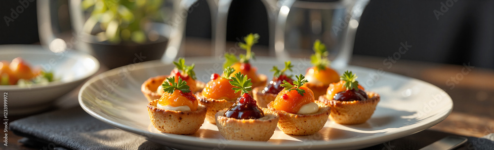 Vibrant pintxos displayed on a chic dining table, culinary artistry Vibrant pintxos displayed on a chic dining table, culinary artistry