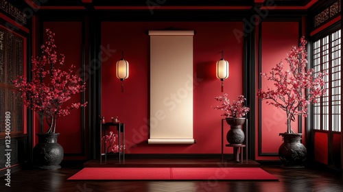 Serene Red Interior with Blossom Trees and Asian Decor