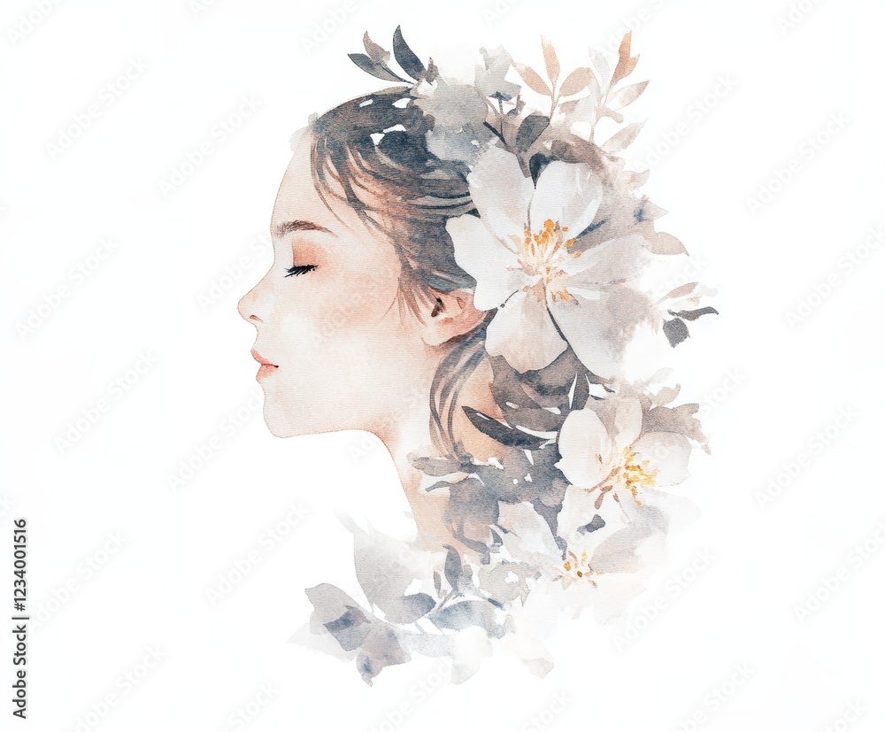 Naklejka premium Watercolor Portrait of a Serene Woman Adorned with Flowers