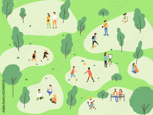 character people relaxing park summer holiday resting open-air festival nature meeting gathering outside outdoor relaxation picnic weekend leisure vector illustration