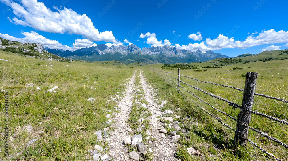 Obraz premium Dirt path leads through a green grassy meadow towards a distant rocky mountain range under a blue sky with white clouds.