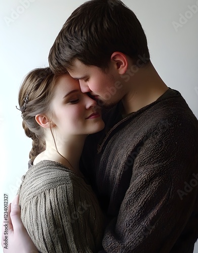 A realistic photo of a medieval scene, with the handsome prince in simple period attire tenderly kissing his beautiful wife on the cheek. The couple is dressed in period-appropriate and standing 
