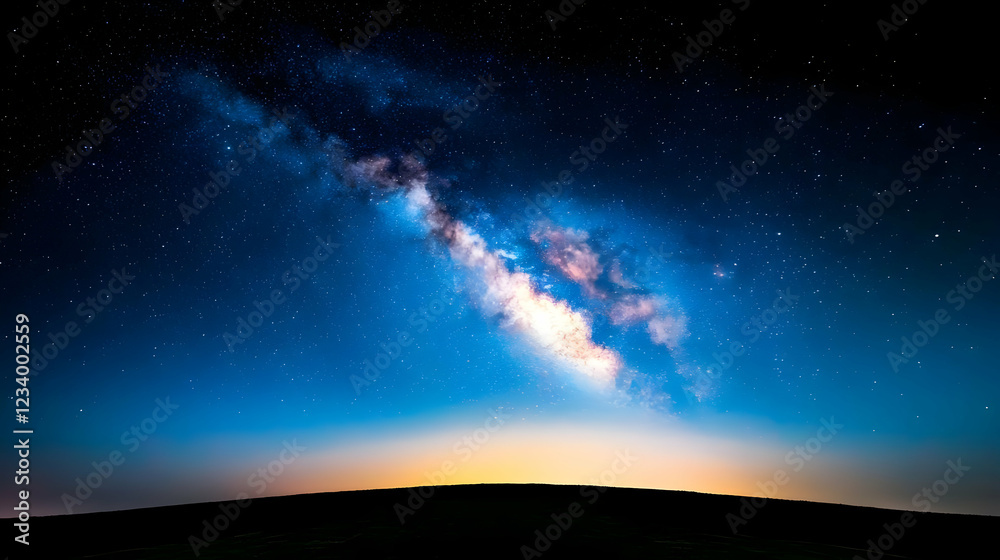 Fototapeta premium Milky Way galaxy over horizon at night, stargazing landscape