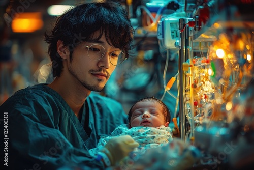 Caring doctor cradles newborn in neonatal unit at a hospital during evening hours photo