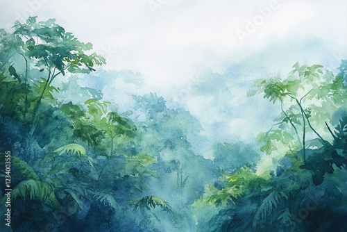 minimalist painting, watercolor, rain forest.