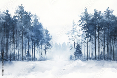 Watercolor painting of a winter forest, with tall pine trees and a foggy atmosphere.
