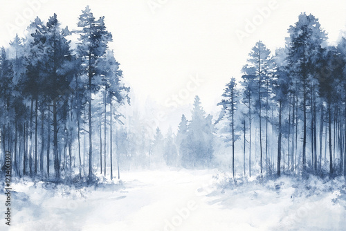 Watercolor painting of a winter forest, with tall pine trees and a foggy atmosphere.