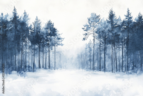 Watercolor painting of a winter forest, with tall pine trees and a foggy atmosphere.