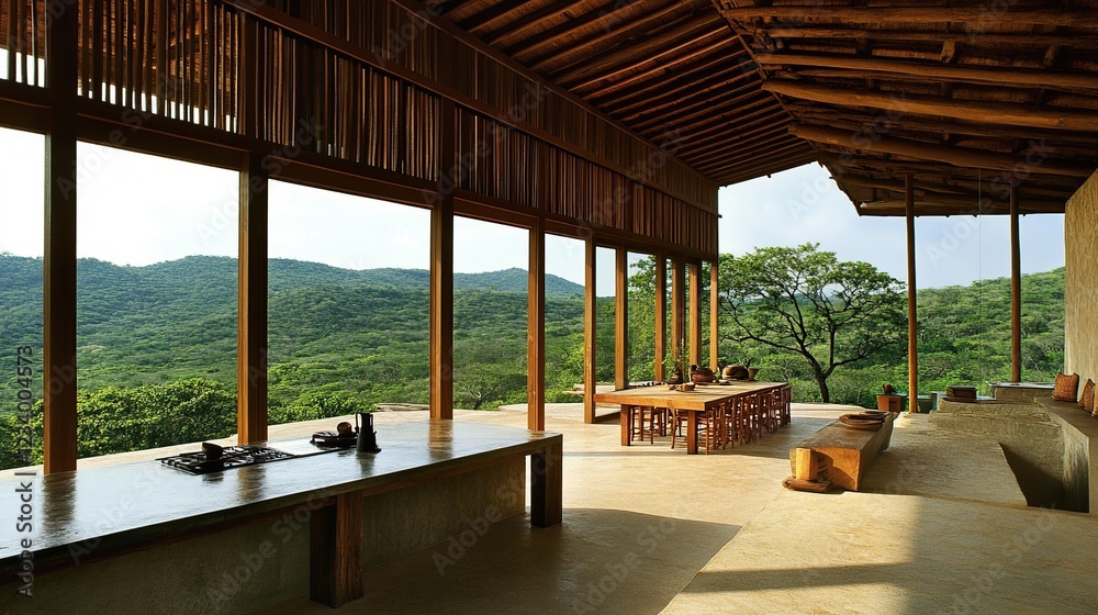 Mountain view, open-plan home, tropical design, sunny day, relaxation Mountain view, open-plan home, tropical design, sunny day, relaxation
