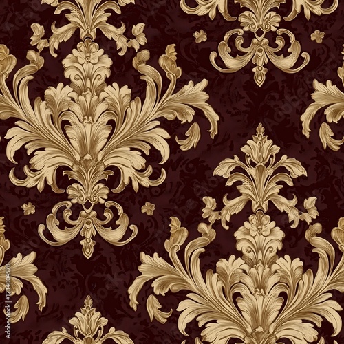  Elegant Gold Damask Pattern on Deep Red Vintage Background