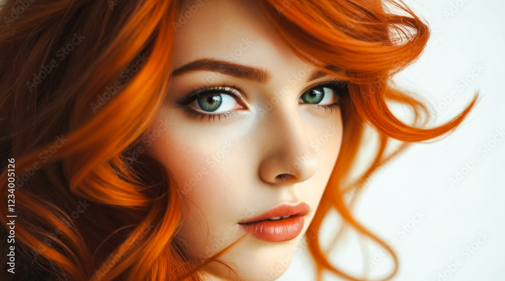 Fototapeta premium Portrait of a charming beauty with beautiful big eyes and red hair. The model poses in front of the camera close-up.