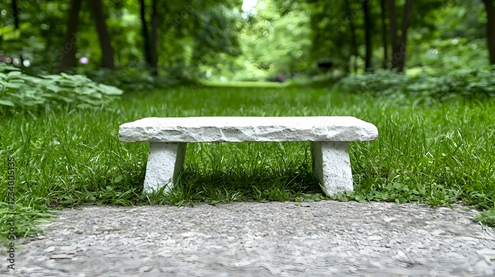 Stone bench in park, green grass, trees background, peaceful scene, relaxation Stone bench in park, green grass, trees background, peaceful scene, relaxation