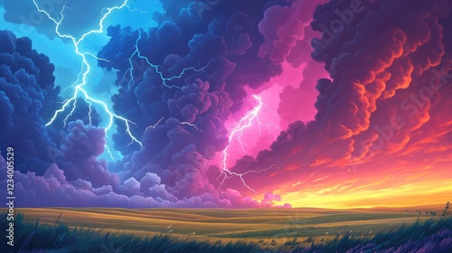 Wallpaper Mural A breathtaking stormy prairie landscape with dark rolling clouds and vibrant lightning bolts flashing across the horizon Torontodigital.ca