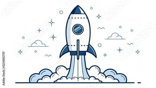 A cartoon-style rocket is launching into space, surrounded by clouds and stars. The simple and clean design uses shades of blue to convey a whimsical journey.AI